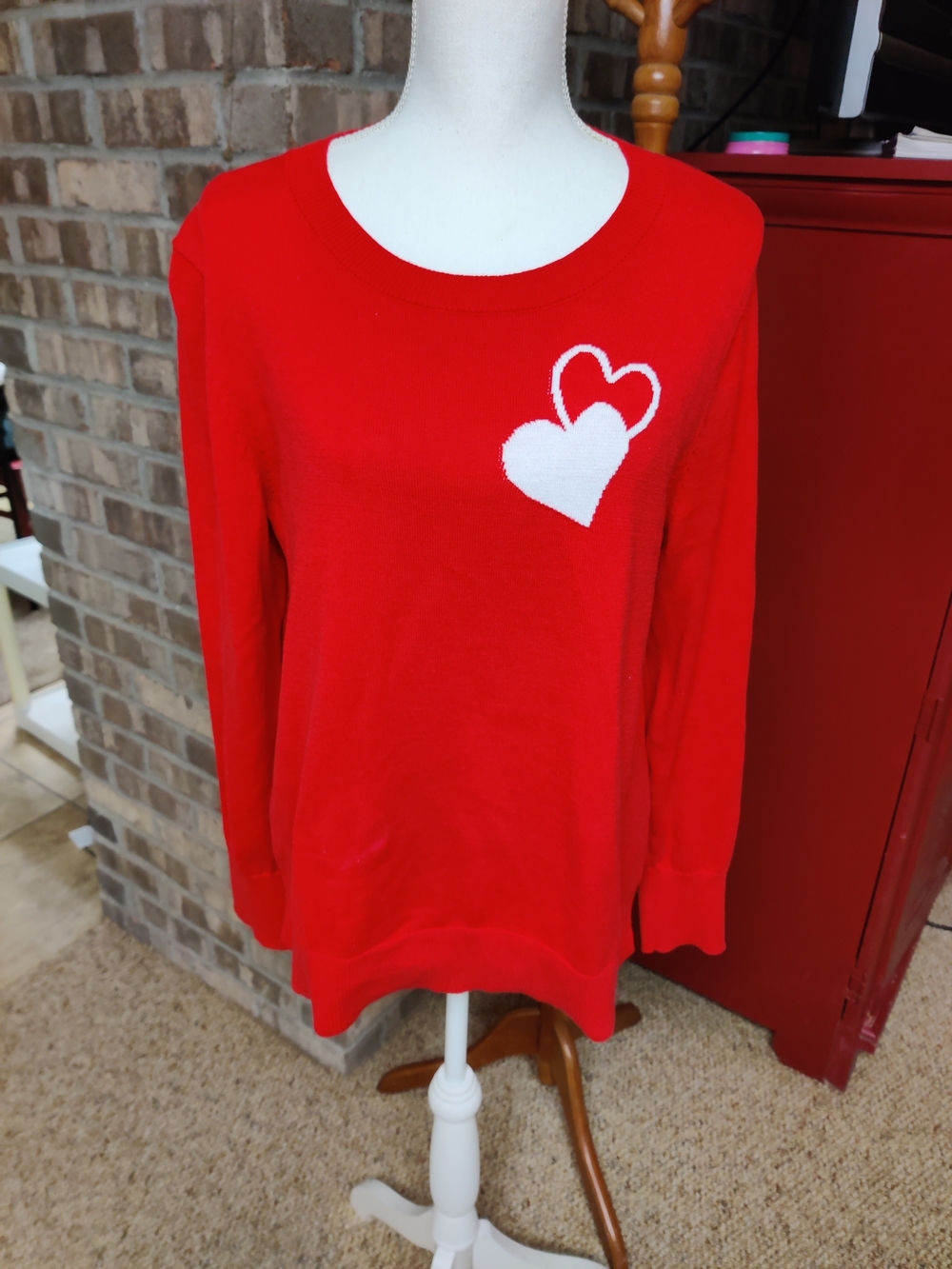 Time And Tru Red Heart Intarsia Sweater Top - Women, Large